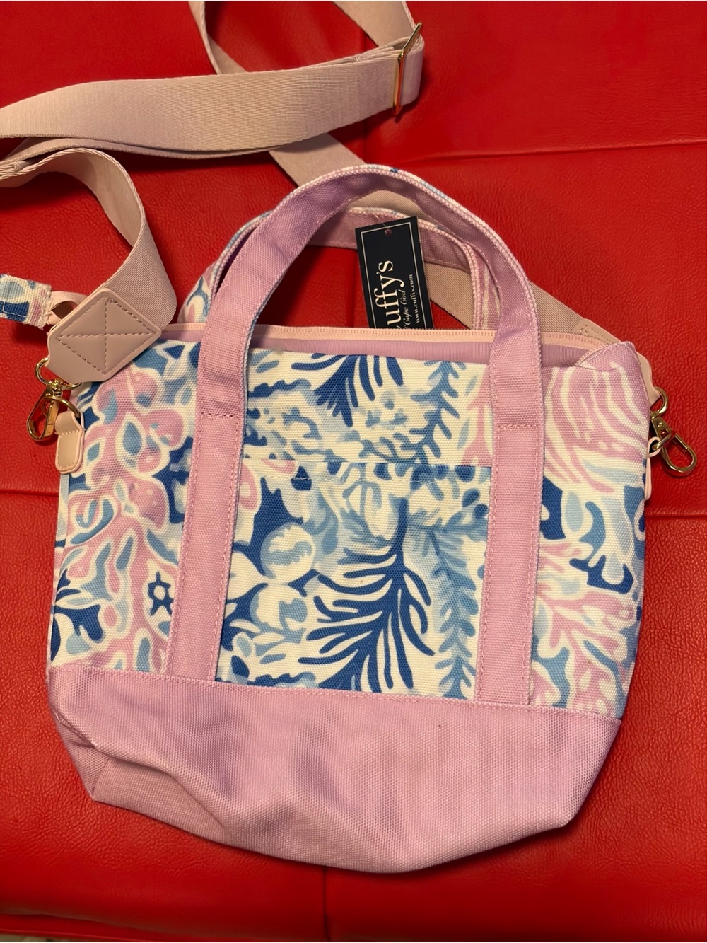 Cuffys-Cape cod pink & blue Canvas Tote with cross body.